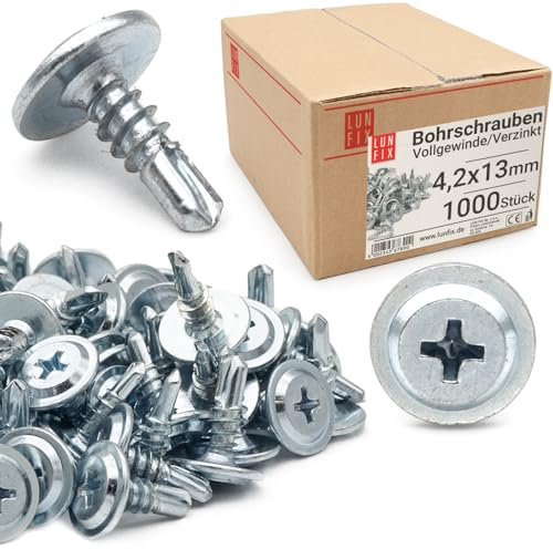 Vis autoforeuse métal 4,2x13 mm 1000pcs, fixations autoperceuse cruciforme tête bombée large, auto-perçante zinguée, vis autotaraudeuse acier, visserie pour tôle et acier, bricolage construction