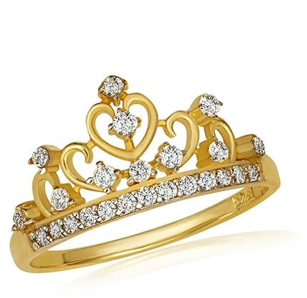Exquisite 10K Yellow Gold Cubic Zirconia 1.4mm Tiara Royal Crown Heart CZ Band Statement Ring (5.75)