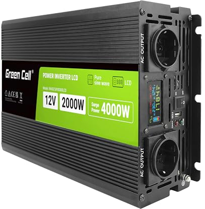 Green Cell LCD Spannungswandler 2000W/4000W 12V auf 230V Reiner Sinus Volt Spannungswandler Wechselrichter Konverter Pure Sine Wave Power PowerInverter DC AC Umwandler Stromwandler Wohnwagen Auto