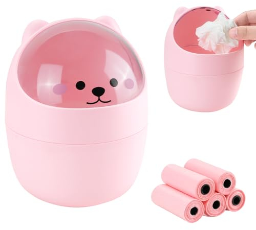 IBEQUEM Mini TischmüLleimer mit Deckel, Süße Cartoon Tisch Mülleimer, Tragbarer Abnehmbarer Tischabfalleimer mit 5 Rollen Müllsäcke für BüRos, Kinderzimmer, Schminktisch, Wohnzimmer (Rosa)