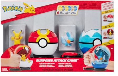 Pokémon PKW3652 - Surprise Attack Game - Pikachu vs. Hydropi, offizielles Spielset mit Zwei Pokebällen und Figuren