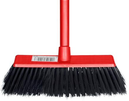 HOMESHOPA Indoor Broom Soft Bristle Sweeping Brush with Handle, Round Edge Head Red Long Handled Floor Scrubbing Brush Broom for Kitchen, Bathroom, Household Cleaning