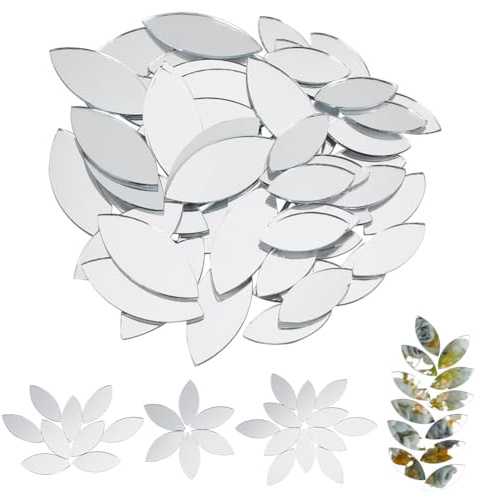 OLYCRAFT 200 Stück Silberne Blattform-Bastelspiegel Kleine Spiegelfliesen Antihaftbeschichtete Mini-Glasspiegelfliesen DIY-Spiegel Für Bastelarbeiten Wand Heimdekorationen – 24x11 mm & 34x14.5 mm