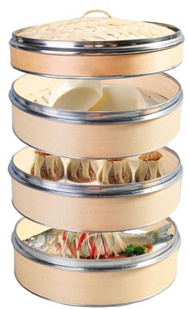 Panier vapeur en bambou à 3 étages en acier inoxydable pour boulettes, légumes, poissons, panier de cuisson vapeur en bambou avec casserole à vapeur de 21 cm, outil de cuisine écologique de qualité