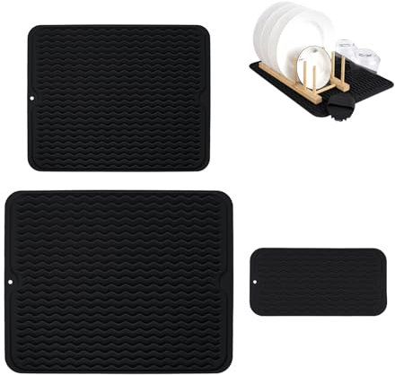 Gachiwar Tappetino scolapiatti in Silicone - tappetino antiscivolo per lavello, tappetino per asciugatura resistente al calore,antiscivolo, per cucina, bancone della cucina(Nero, S+M+L)