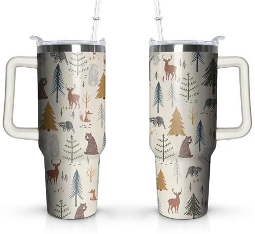 Hqhzaha Weihnachtsbecher, Rentier-Becher mit Deckel und Strohhalm, Weihnachtsbäume, isolierte Kaffeetasse, Weihnachtsgeschenke für Damen und Herren, 1,2 l