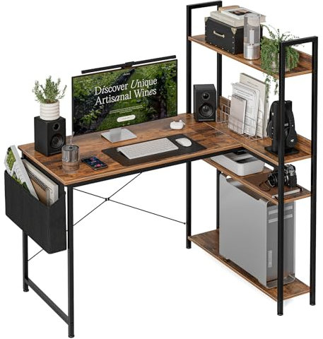 Grandder 100x80 cm L Shaped Gaming Desk with Reversible Storage Shelves, Computer Desk Home Office Corner Study Writing Table with Hutch, Study, Rustic Brown