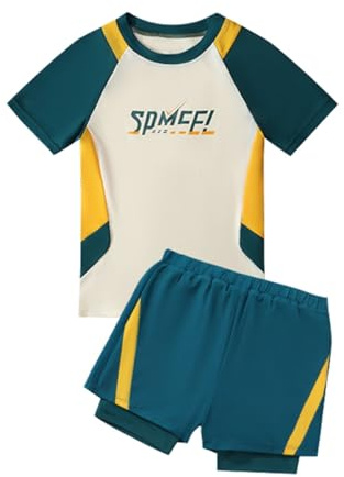 Hotfiary Boys Swim Set, Kids Short Sleeve Rash Vest and Swim Trunks Two Piece Swimwear Costume, Toddler Boys Swimming Shirt and Board Shorts Set, Sun Protection & Quick Dry, 3-14 Year