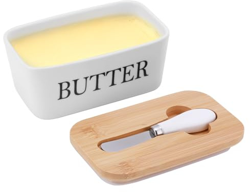 Weskjer Ceramic Butter Dish with Lid and Knife,600ml Capacity Butter Knife with Bamboo Lid,Butter Dishes for Butter , Cheese , Storage,15x10x8cm ,White