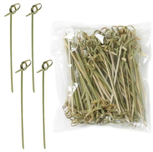 Lot de 100 pics à cocktail en bambou naturel, 12 cm, brochettes décoratives pour boissons, plateaux de fruits, apéritifs et aliments de fête, cure-dents respectueux de l'environnement avec nœud