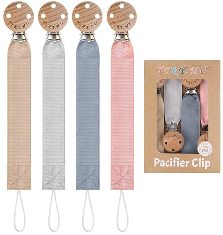 TYRY.HU Schnullerkette Mädchen Stoff Schnullerkette Clips Jungen Weiches Gewebe Polyester Schnuller Halter Set Holz Schnullerband Baumwolle Schnullerband für Neugeboren Geschenk 4 Pack