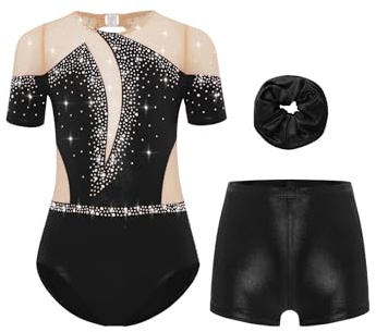 Yruioon Mädchen Turnanzug Glitzer Gymnastikanzug Kurzarm Ballett Trikot Leotard Tanzbody mit Shorts Haarband Wettbewerb Gymnastik Kleidung Schwarz 134-140
