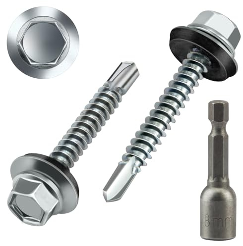 Poeland Lot de 50 vis auto-taraudeuses pour tôle trapézoïdale, 4,8 x 35 mm, avec rondelles EPDM, vis étanches hexagonales, vis autoperceuses pour tôle de toit, tôle ondulée avec 1 clé à douille
