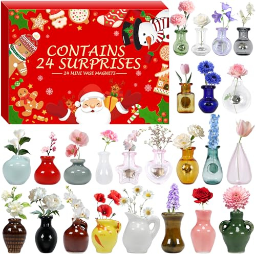 2025 Christmas Advent Calendar Mini Ceramic Vase Fridge Magnets with Plants Christmas Countdown with Mini Fridge Magnets, Fridge Decor for Kitchen Office Daily Surprise Gift