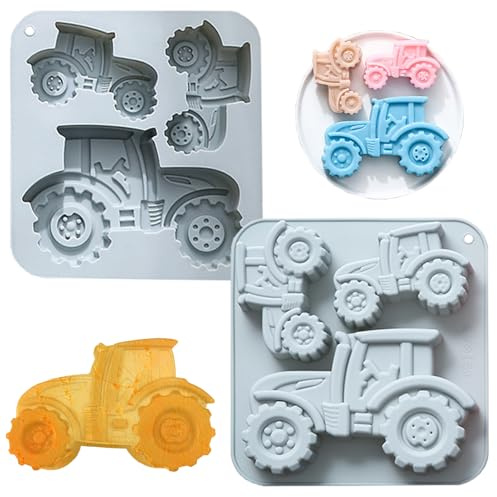 QUNXON 2 Stück Traktor Kuchenform, 3D Tortendeko Traktor Backform, Schokoladenform Silikon, Backform Silikon Trecker für Kuchen, Pralinen, Desserts, Puddings, Eiswürfel, Seife (Blau)