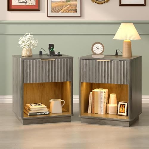 LEADZM Table de Chevet Lot de 2 avec lumières LED avec Station de Charge | et Ports USB,Table d'appoint avec 1 tiroir et 1 étagère Ouverte, Commode de Nuit, 48 x 35 x 57cm Gris