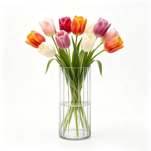 Koelaa Vase en Acrylique Côtelé pour Fleurs Naturelles et Artificielles - Vase Cylindrique en Plastique Incassable - Vases Transparent Moderne pour Salon, Chambre à Coucher, Scandinave - 10x25cm