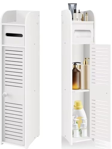 Armario de baño delgado blanco con puerta con persiana de 80 cm de altura, estante superior, ahorro de espacio, para toallas y artículos de tocador, muebles de baño elegantes