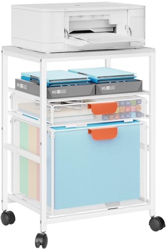 Marbrasse Soporte para Impresora con Almacenamiento,Carrito Grande con Ruedas,Mueble Organizador para Archivador con Cajones,Carrito para Impresora 3D,Teléfono Móvil,Oficina en Casa(Blanco)