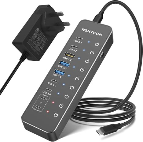 RSHTECH 66W Powered USB C 3.2 Hub, 10-Port Hub with 2x USB-C Fast Charging | 1x 100W PD, 3x 10Gbps USB 3.2 (2C+1A), 4x USB 3.0 (2C+2A), 3.3Ft USB C Cable & 24V/2.75A (66W) Power Adapter (RSH-ST10P)
