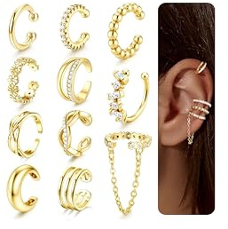 Morfetto Ear Cuff Ohrringe Damen Gold - 11 Stück Ohrmanschette Ohrringe Ohne Ohrloch 14K Vergoldet Ohrclips Damen Verstellbare Knorpel Ear Cuffs Fake Helix Piercings Geschenk Dreilagig