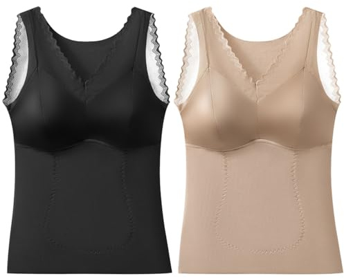 Rainjia Termiska underkläder, mirofleece, damer, ärmlös, termisk undertröja med behå, 2-pack, vinter, ärmlös topp, termoundertröja, linne, termoskjorta med spets för vardagen, 40–82 kg, Stil 1, XS