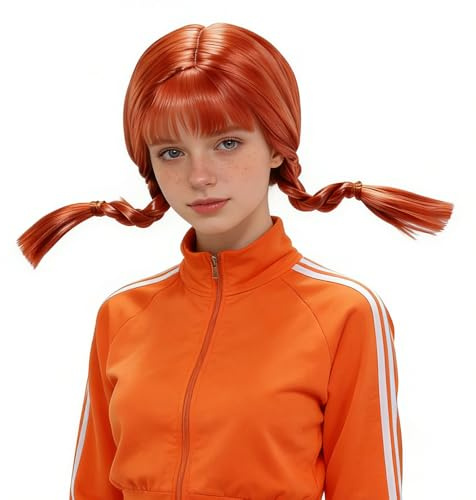 Kostüm Perücke für Pippi Longstocking, Rot Lustige Perücken Mädchen mit 2 Geflochtenen Zöpfen, Kunsthaar Wig Zöpfe, Karneval Kostüm Damen Lustig für Cosplay Halloween Karneval Perücke