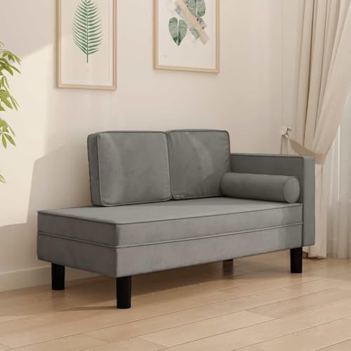 Qnhdfrt Chaiselongue Hellgrau 118 x 55 x 57 cm Samt Recamiere mit Kissen & Nackenrolle Massivholz Rahmen Modernes Lesesofa für Wohnzimmer Schlafzimmer Flur