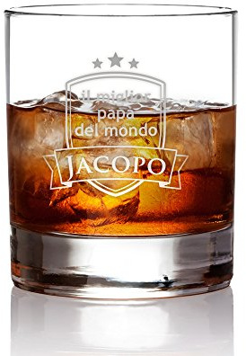 AMAVEL Bicchiere con Incisione, Il Miglior Papà del Mondo, Blasone, Personalizzato con Nome, Bicchieri Whisky in Vetro, Tumbler Basso, Idee Regalo Festa del Papà