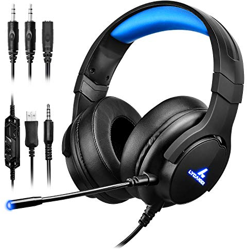 LYCANDER Gaming-Headset mit Mikrofon und LED-Licht, 3,5 mm Eingang, für PC, PS4, Xbox One, Nintendo Switch und mehr (Intermediate - Schwarz und blau)
