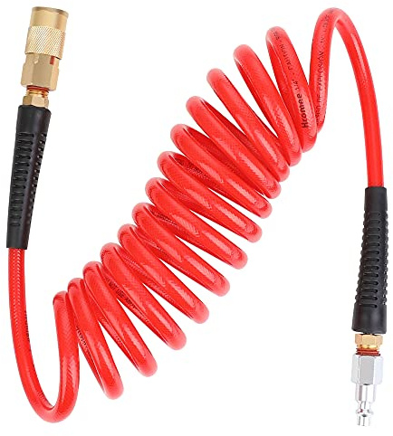 Hromee 1/4-Inch x 10ft Polyurethane Recoil Air Hose with Fittings Compressor Hose with 1/4 in. Industrial NPT Coupler and Plug Kit, Red