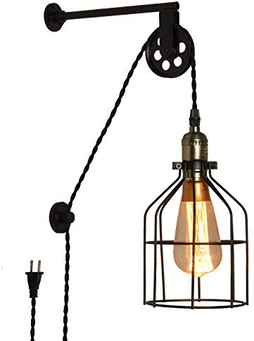 SUNLLOK Vintage Schwarz Käfig Wandleuchte Innen Pulley Wandlampe, Industrielle Rustikale Pendelleuchte Wandbeleuchtung, Verstellbar mit Kabel Wandleuchter für Wohnzimmer badezimmer kinderzimmer