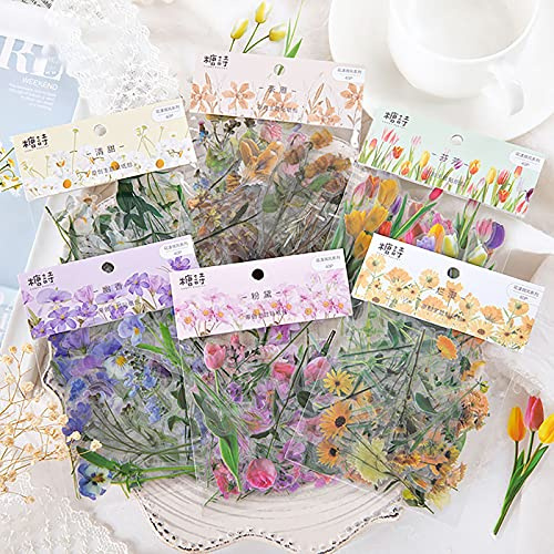 Blumen Scrapbooking 240 Stück 6 Stile Aufkleber Blumen Transparent, Unterschiedliche Muster,Exquisit Pflanzen Aufkleber FüR Scrapbook Tagebuch, Fotoalbum ,Notizbuch, Gästebuch, DIY Dekoration