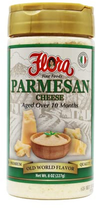 Flora Grated Parmesan Cheese, Aged Over 10 Months, Authentic Italian Old World Flavor, Premium Grated Parmesan for Pasta, Pizza, Salads and More, 8 oz