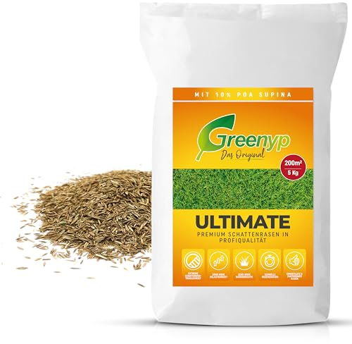 Greenyp® Ultimate I Premium RSM Schattenrasen mit 100% RSM Gräsern I 5kg für 200m² I Nachsaat Grassamen Rasensamen Rasensaat Gras für schattige & trockene Standorte
