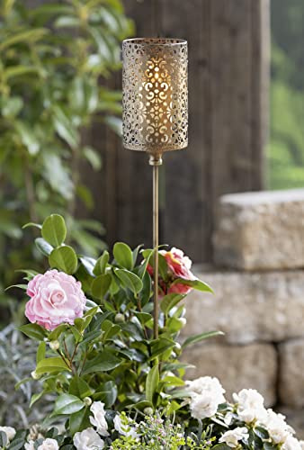 Gartenstecker Ornament aus Metall in Gold-braun mit Windlicht-Glas, 100 cm hoch, Dekostecker mit dezentem Antik-Look, Kerzenhalter, Garten-Deko für Draußen