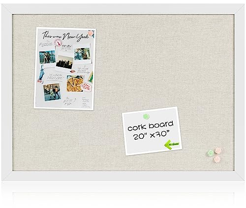 Board2by White Cork Board Bulletin Board with Linen, Wood Framed 30 x 20 Corkboard, Office Board for Wall Decor, Wall Mounted Pin Board Picture Board with 20 Pushpins for School, Home & Office