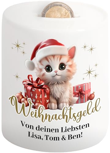 Geschenk zu Weihnachten: Kinder-Spardose personalisiert „Weihnachtsgeld“ mit Namen & Wunschtext - Geldgeschenk Verpackung für Jungen & Mädchen (Katze)