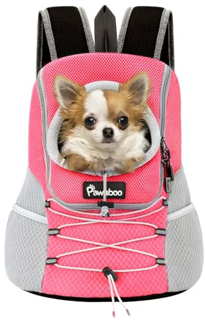 Pawaboo Sac à Dos Réglable pour Chiens, Sac de Transport pour Animal de Compagnie en Polyester Respirant, Sac à Voyage pour Chien Chat avec Ceinture de Sécurité pour Randonnée Extérieur, M/Rose