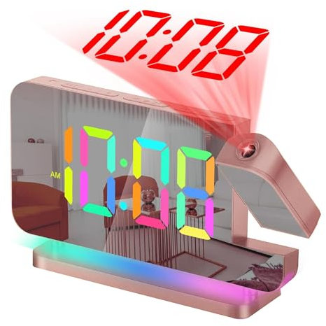 Tsadeer Réveil avec projection, montres numériques à miroir LED de 7,4 pouces, grand écran, projecteur rotatif à 180 °, lumière de nuit en rose, , facile à installer, facile à utiliser