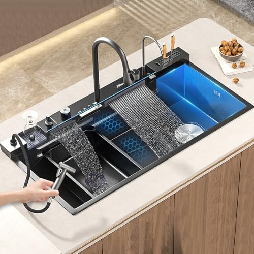 XDCXYD Zwei Wasserfall-Küchenspüle Einzelbecken Mit Integriertem Wasserhahn 100 * 50 cm Edelstahlspüle Digitalanzeige Spüle