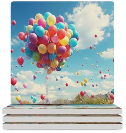 Untersetzer-Set, bunte Luftballons, Getränkeuntersetzer für Couchtisch, saugfähige Keramik-Untersetzer mit Korkboden, quadratische Untersetzer, rutschfest, 9,4 x 9,4 x 0,8 cm, 4 Stück