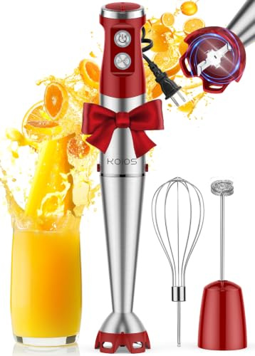 KOIOS Immersion Blender, 1000W Anti-scratch 3-in-1 Hand Blender, Upgraded 12 Speed Stainless Steel Blade Stick Blender with Turbo Mode, Whisk and Milk Frother, Non-BPA, Red