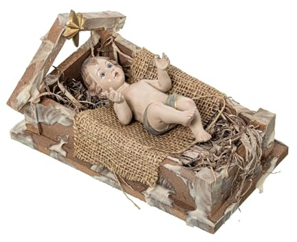 Figura de un niño Jesus en Pesebre de Resina en Beige y Marron 15x21x20 cm