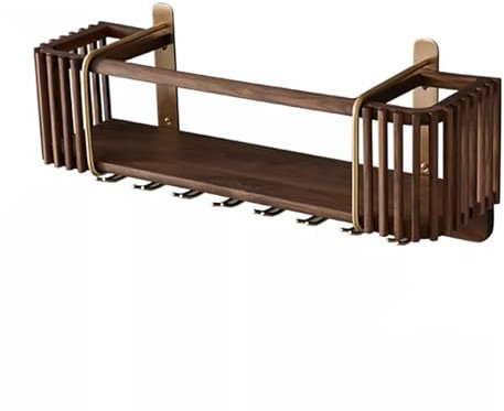 Estante rústico de pared para vino con soporte para botellas y vasos, nogal negro y latón metálico, estantes flotantes de pared para decoración del hogar, bar y cocina.
