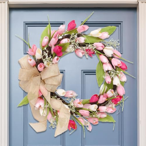 JOYWU Tulips Wreath for Front Door,45cm Pink White Artificial Wreath with Tulip,Leaves and Bow,Spring Summer Tulip Floral Wreaths,Valentines Door Wreath,Artificial Flowers Wreaths,Spring Home Decor