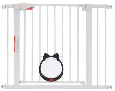Rejilla de protección para mascotas con solapa para gatos, 93 x 76 cm, metal, ampliable, sin agujeros, valla para cachorros, cierre automático para perros y gatos, color blanco/café (blanco, 93 x 76