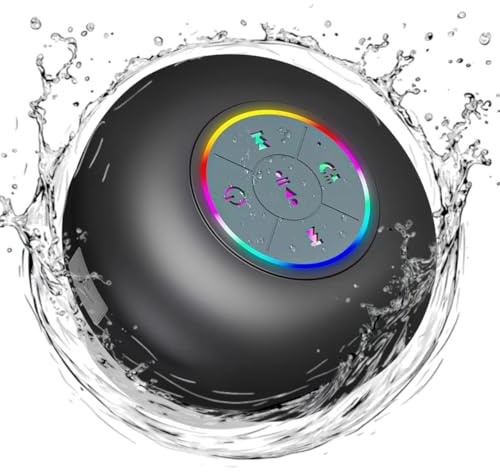 Bluetooth Shower Speaker with LED, Portable Wireless Mini Speaker (Black) | Built-In Mic, Suction Cup, IPX4 Water Resistant, Shower, Travel, Pool, River Floating & Outdoor Fun