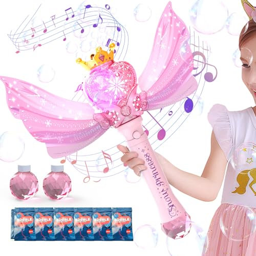 Tecnock Princess Bubble Wand Machine Leak Proof Design, Light & Music Automatic Bubble Maker Birthday Gifts for Boys Girls Toy Outdoor Garden Wedding Party
