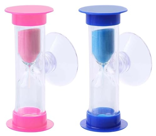 2 Minute Hourglass Sand Timer with Suction Cup -Set of 2 Small, Unbreakable Blue Sand Clock Timer 2 min, Plastic Pink Mini Sand Watch, Rotatable Reloj De Arena for Adult Toothbrush